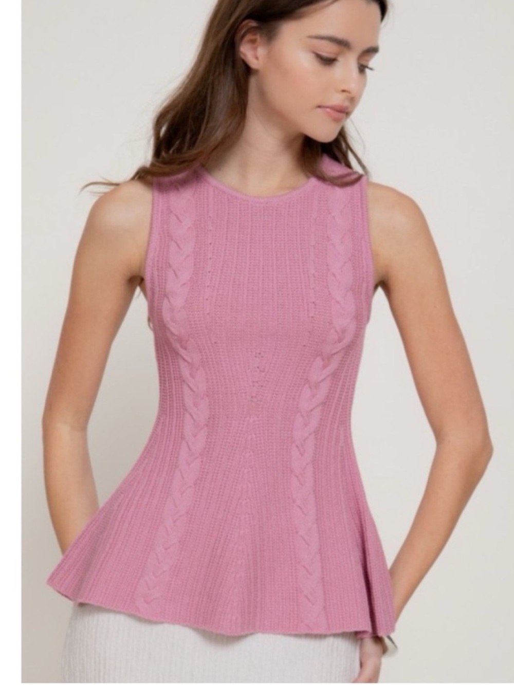 Active USA Sleeveless Cable Knit Rose Pink Peplum Top